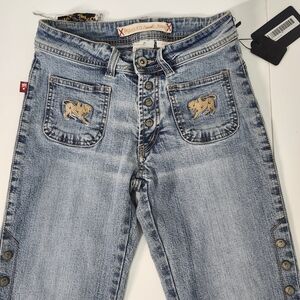 36" LENGTH PARASUCO Stretch Denim Distressed SUPERMODEL Jeans W/Button Detailing